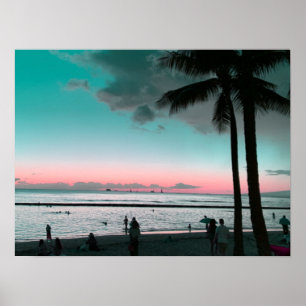 Affiche de plage Hawaï ciel rose et aqua