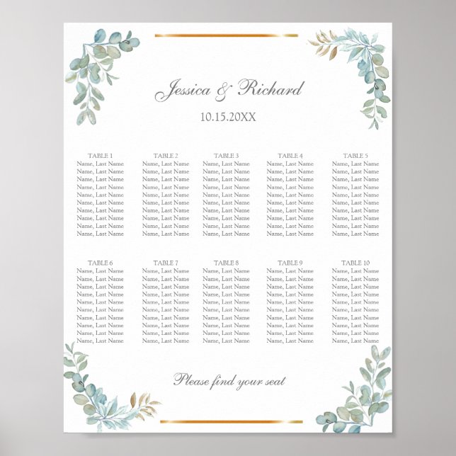 Affiche de plan de table à 10 tables à aquarelle (Devant)