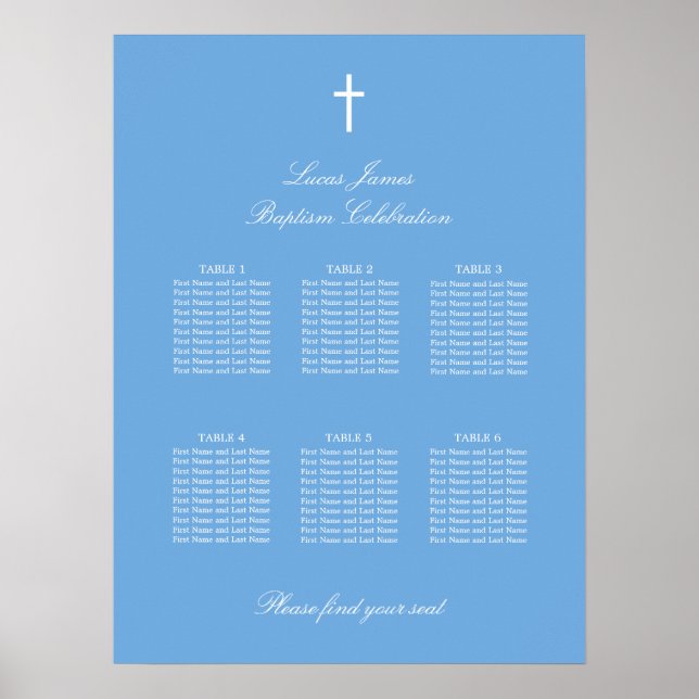 Affiche de plan de table de baptême bleu élégant 6 (Devant)