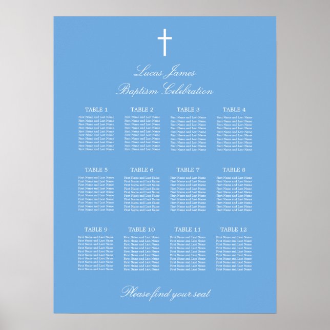 Affiche de plan de table de baptême élégante bleue (Devant)