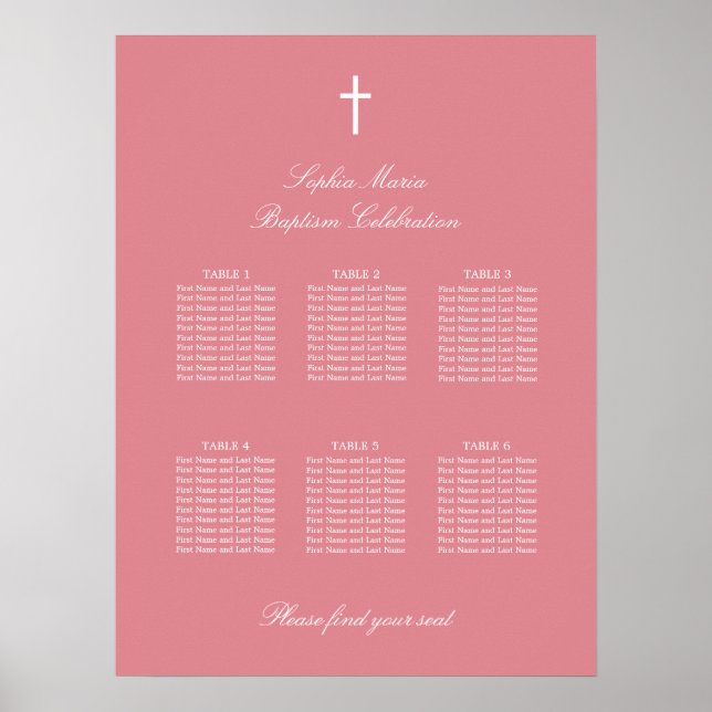 Affiche de plan de table de baptême rose pâle 6 (Devant)