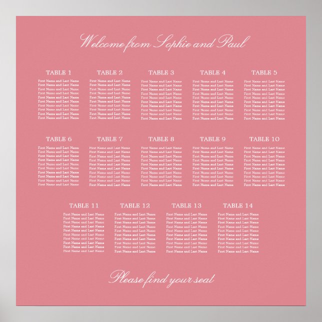 Affiche de plan de table de mariage à 14 tables Ro (Devant)