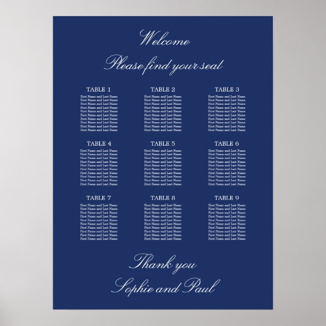 Affiche de plan de table de mariage à 9 tables Ble (Devant)