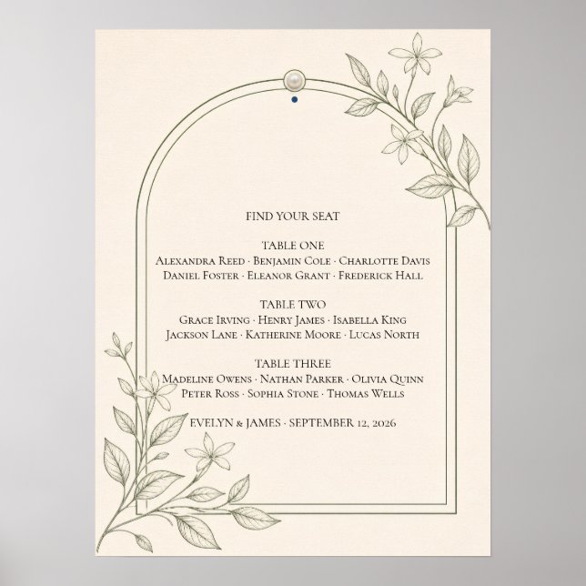 Affiche de plan de table de mariage botanique Oliv (Devant)