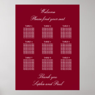 Affiche de plan de table de mariage Burgundy 9