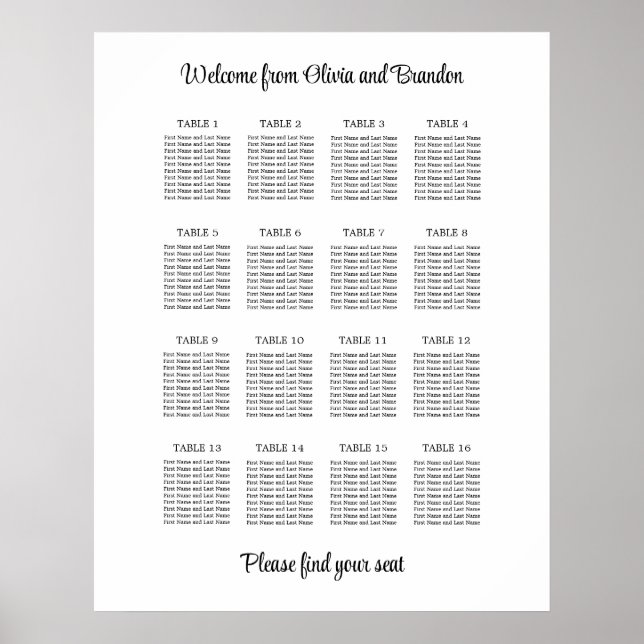 Affiche de plan de table de mariage élégant à 16 t (Devant)
