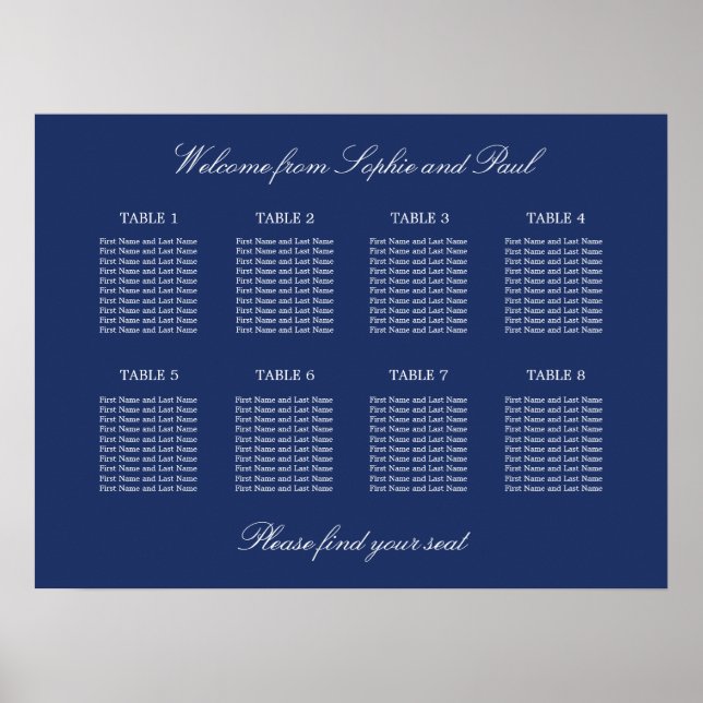 Affiche de plan de table de mariage Navy Blue 8 (Devant)