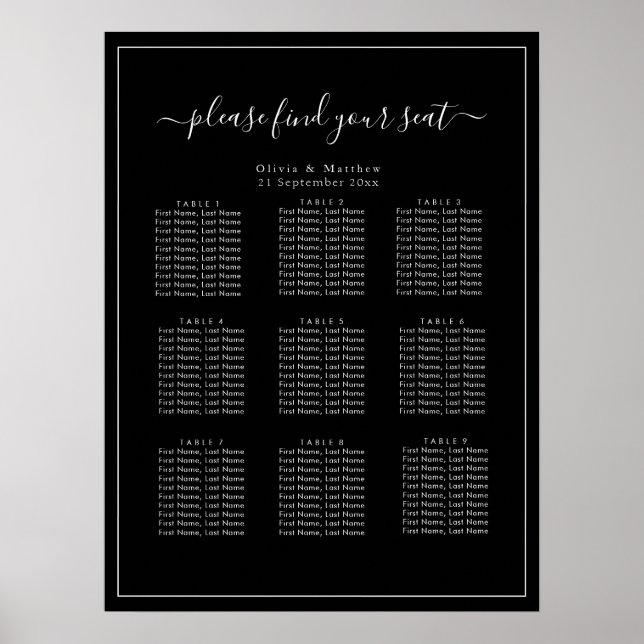 Affiche de plan de table de mariage noir minimalis (Devant)