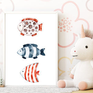 Affiche de poissons rouges et bleus sous la mer