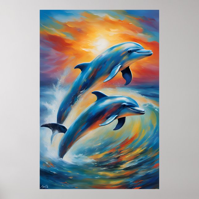 Affiche de portrait à l'huile de dauphins (Devant)
