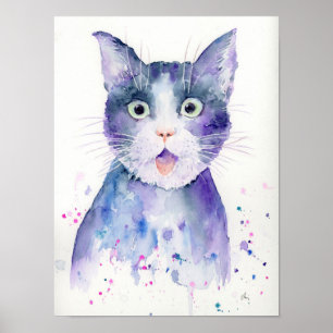 Affiche de portrait de chat étonnée par aquarelle