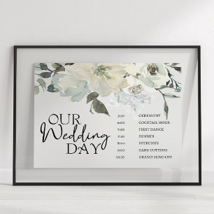 Affiche de programme de mariage floral Roses blanc