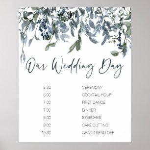 Affiche de programme de mariage floral vert argent