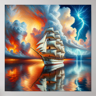 Affiche de réflexion de yacht de coucher de soleil
