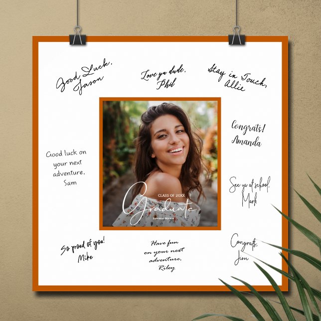 Affiche de remise de diplômes avec signature et bo (Graduation autograph photo poster with burnt orange border, INSTANT DOWNLOAD and/or PRINTED)
