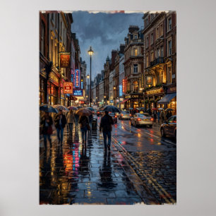 Affiche de rue de ville pluvieuse Scène de nuit