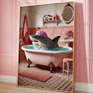 Affiche de salle de bain rose avec un requin drôle