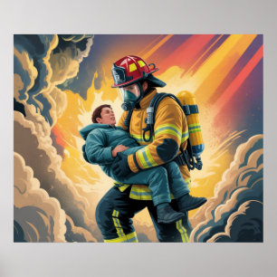 Affiche de scène de sauvetage de héros pompier