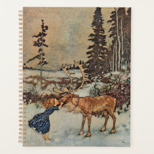 Affiche de scène hivernale vintage de fille au ren