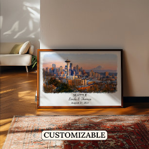 Affiche de Seattle Washington, Aquarelle, Sur mesu