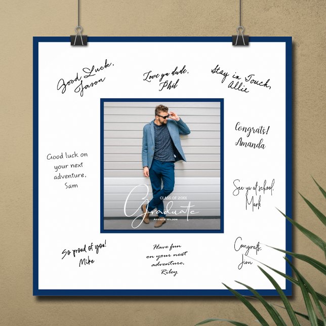 Affiche de signature de fin d'études avec bordure  (Graduation autograph photo poster with navy blue border, INSTANT DOWNLOAD and/or PRINTED)