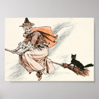 Affiche de sorcière vintage avec balai et chat