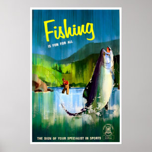 Affiche de sport vintage Art de pêche Cave à homme