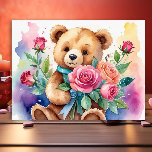 Affiche de Teddy Bear à l'aquarelle avec des roses (Créateur téléchargé)