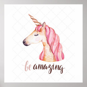 Affiche de tête de licorne rose incroyable