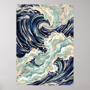 Affiche de vague japonaise bleue