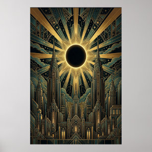 Affiche de ville au soleil noir Art déco   Doré sa