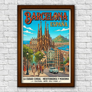Affiche de voyage à Barcelone, Espagne, années 196