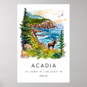 Affiche de voyage à l'aquarelle d'Acadia Vintage S