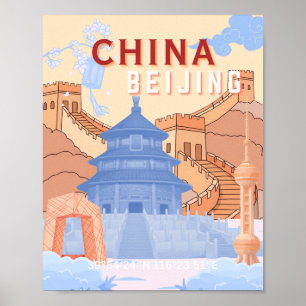 Affiche de voyage à Pékin Chine   Pastel Bleu & Pê