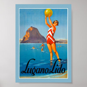 Affiche de voyage ancienne de Lugano Suisse Restau