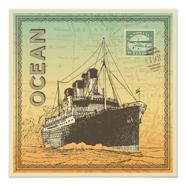 Affiche de voyage avec bateau à vapeur (Devant)