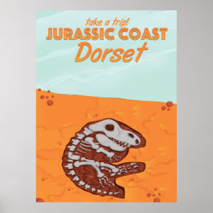 Affiche de voyage dessin animé Jurassic Coast Devo