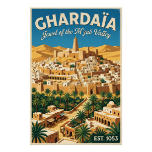 Affiche de voyage rétro d'art de Ghardaïa Algérie