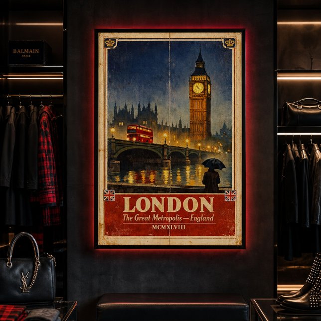 Affiche de voyage rétro Londres Angleterre – Décor (Dark academia corner — London night poster beside vintage coats)