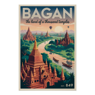 Affiche de voyage vintage Bagan Myanmar Art de t