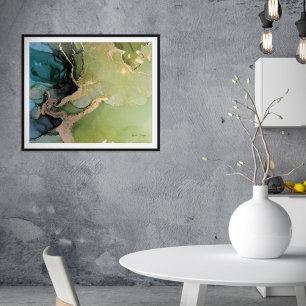 Affiche d'encre alcoolique abstraite verte noire