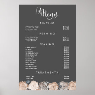Affiche des prix du menu de la coiffeuse du salon 