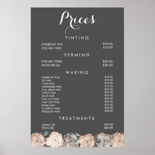 Affiche des prix du menu de la coiffeuse du salon 