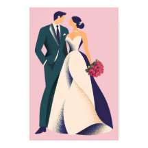 Affiche d'illustration de mariée & mari romantique