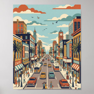 Affiche d'illustration de rue de ville rétro