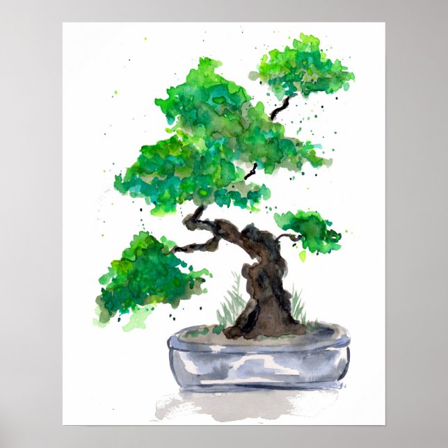 Affiche d'impression à l'aquarelle Bonsaï vert (Devant)