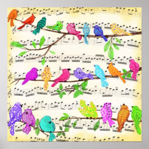 Affiche d'oiseaux musicaux colorés Chanson heureus