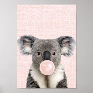 AFFICHE D'OURS KOALA SOUFFLANT UN BUBBLE GUM ROSE