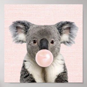 AFFICHE D'OURS KOALA SOUFFLANT UN BUBBLE GUM ROSE