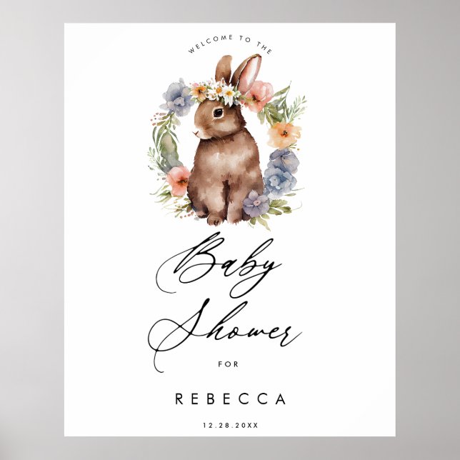 affiche du baby shower de lapin fleur sauvage (Devant)
